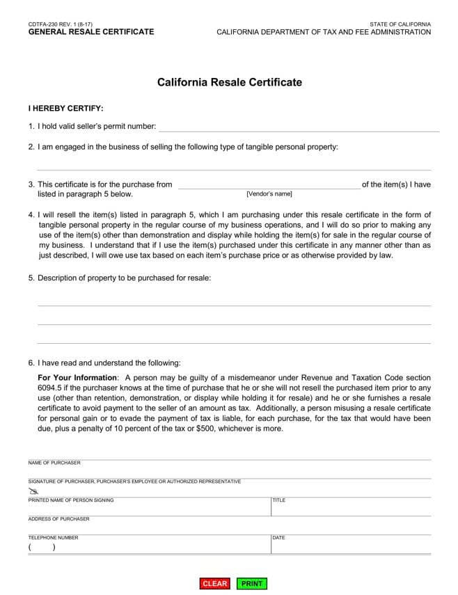 Form California Resale Certificate