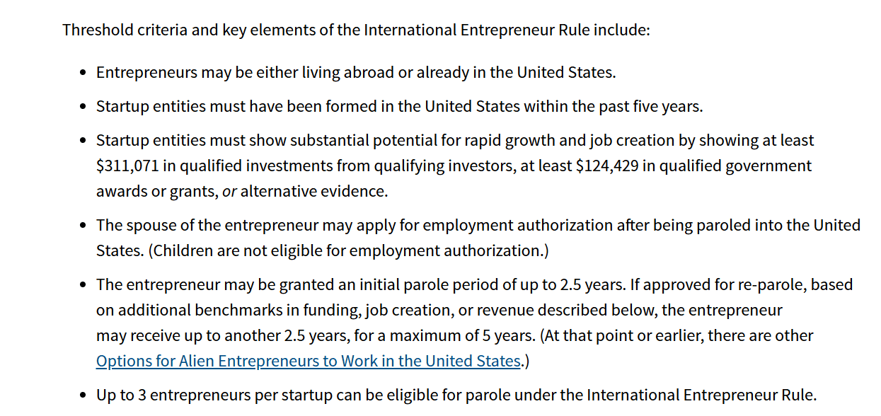Tiêu chí xét duyệt International Entrepreneur Rule