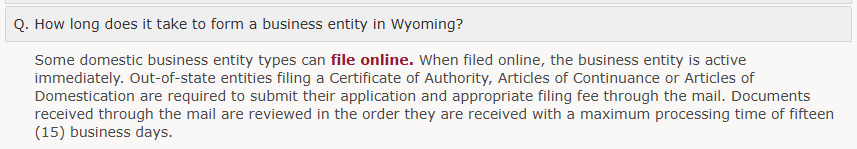 Thời gian thành lập công ty tại bang Wyoming, Mỹ